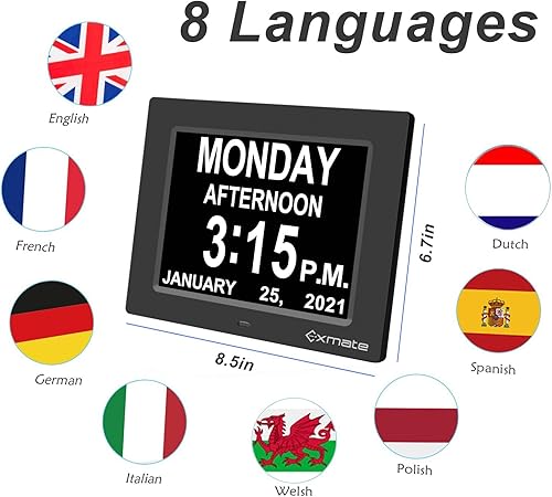 Miniatura 4 de Exmate Calendario de reloj de día, pantalla extra grande no abreviada de 10 pulgadas, AMPM, con 13 opciones de alarma, función de repetición, brillo