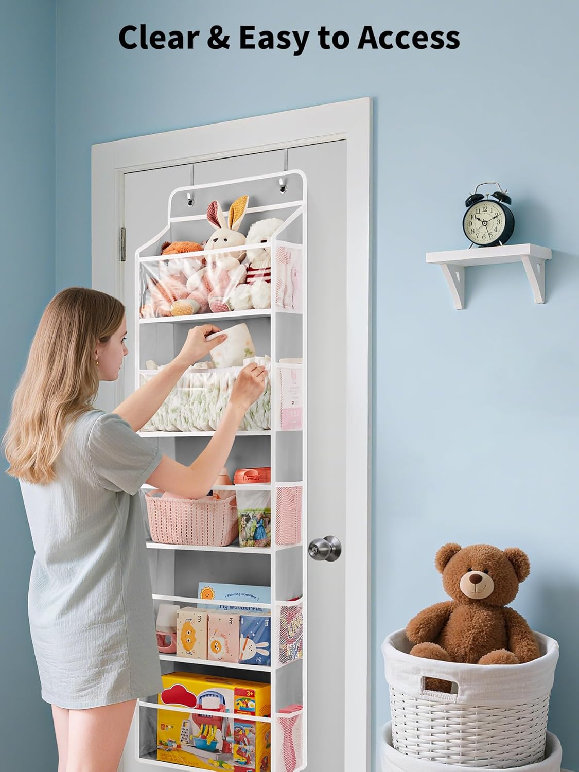 JARLINK 2 Pack Toy Stuffed Animal Storage, Over The Door Organizer W/Clear View Windows, 44lb Load, Baby Toy Storage Organizer for Nursery, Kid Bedroom, Newborn Baby Essentials (Light Grey)