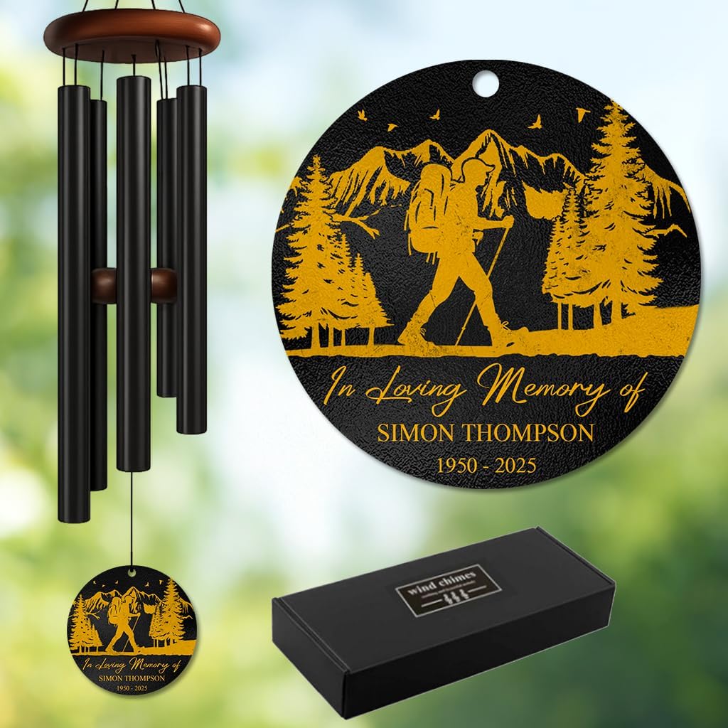 Personalized Hiker Memorial Wind Chime – “in Loving Memory” Custom Name & Years – Outdoor Remembrance Windchime for Nature Lovers – Sympathy Gift for Campers, Walkers & Travelers Garden Tribute Décor