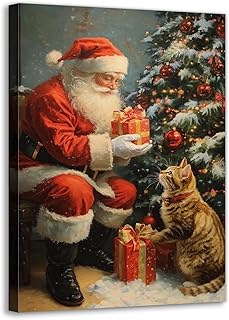 OAAPITI Christmas Canvas Wall Art Santa Claus and Cat Picture Print Christmas Tree Present Scene Painting Warm Winter Holiday Decor for Living Room Bedroom Home(Artwork-1,12"x18")