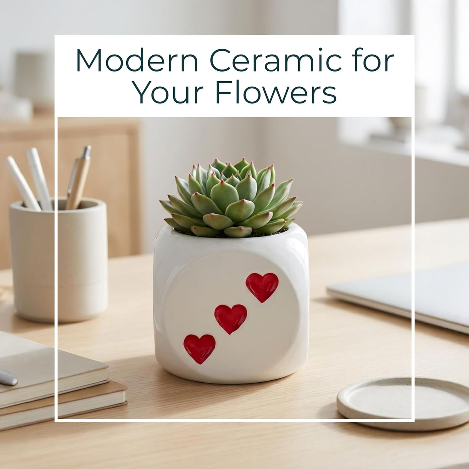 Ceramic Planter Pot – Indoor Planter for Shelf, Desk or Nightstand – Statement Dice Design with Heart Accents Outdoor Decor – Home Decor for Small Plants – 6", Glossy White and Red Finish