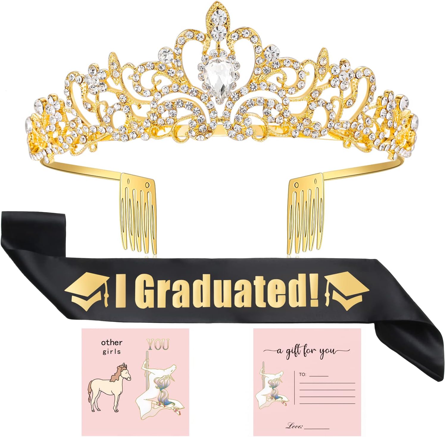 KRDADELF 2022 Graduation Party Supplies Kits, Graduation Tiara Crown Sash and Wish Card Graduation Gifts for Her High School College Masters Degree Graduation Party Decorations (Gold)