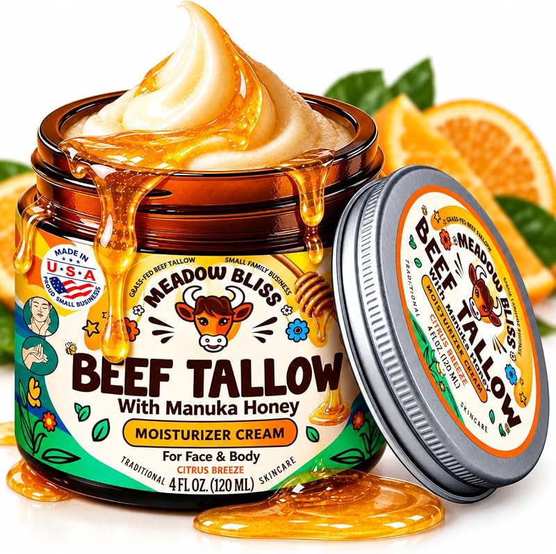 Meadow Bliss Manteiga corporal de sebo bovino batido com mel de Manuka, óleo de jojoba e manteiga de karité, Citrus Breeze, 113 g