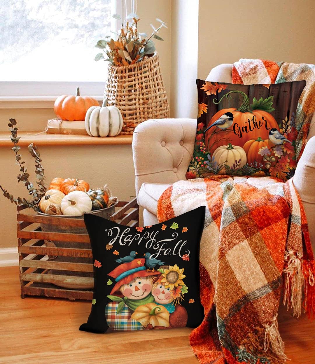 4TH Emotion Fall Decor Pillow Covers 16x16 Set of 4 Thanksgiving Pumpkin Farmhouse Decorations Gnomes Scarecrow Outdoor Happy Fall Pillows Decorative Throw Cushion Case for Home Couch TH016-16