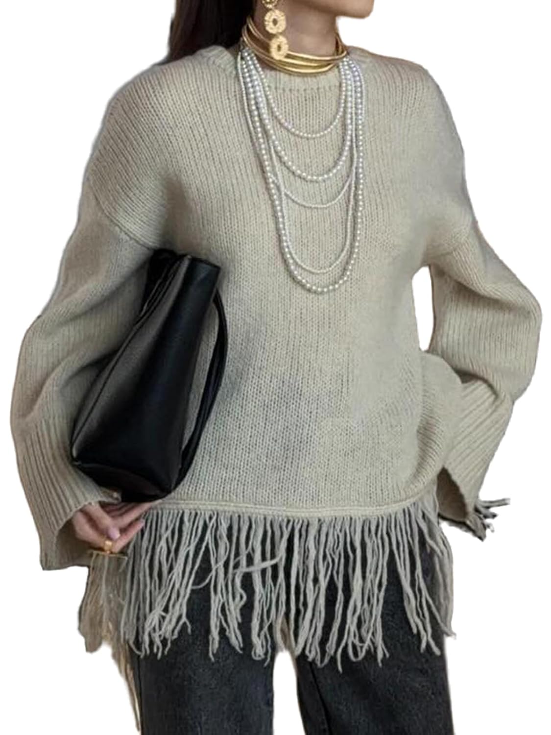 KEOMUD Women Oversized Fringe Hem Sweater Loose Fit Pullover Casual Chic Knit Jumper with Bell Sleeves