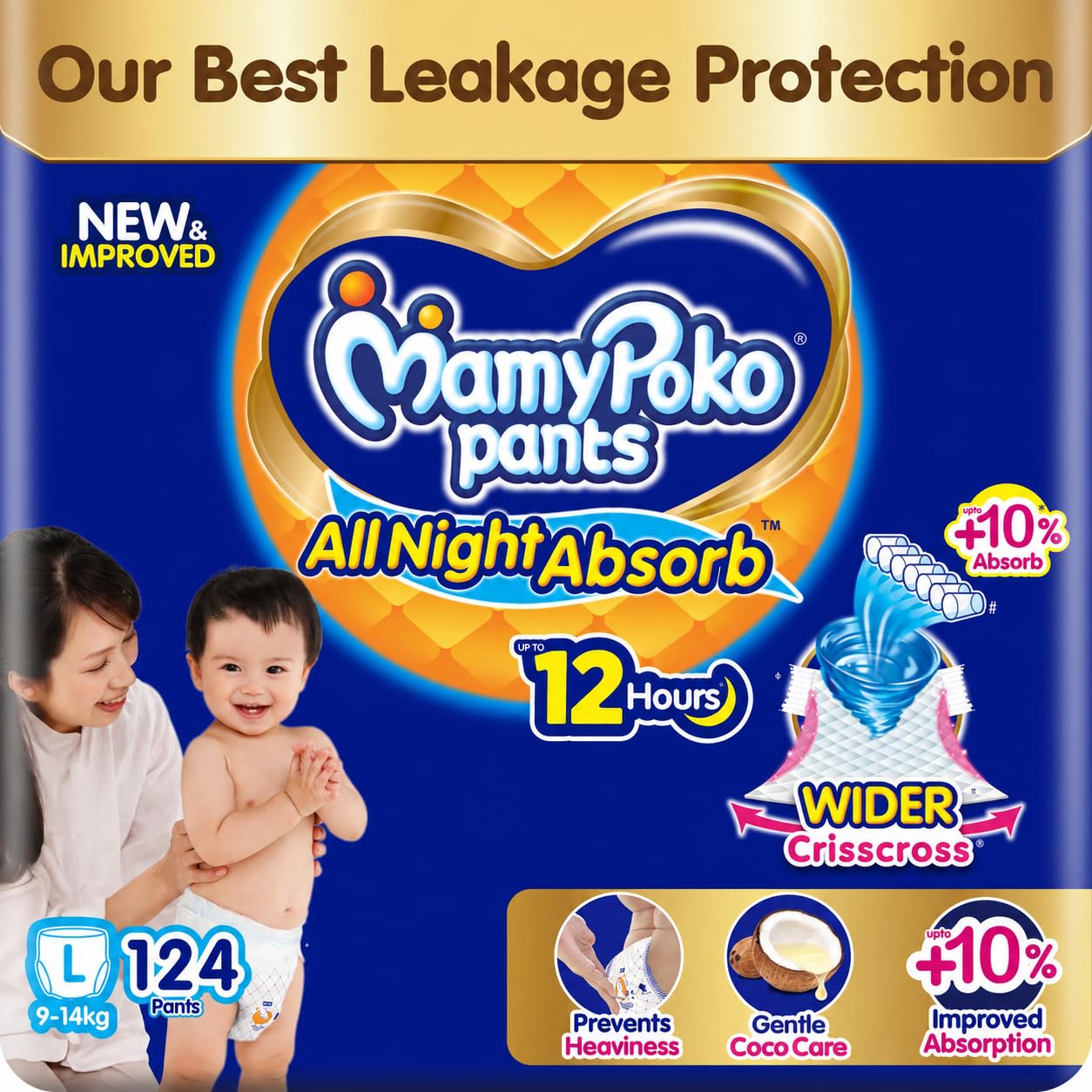 Mamypoko pants All night absorb| Pant Style Baby Diapers Large Size(L), 124 Count,(62*2) Ideal for 9-14Kgs|1 Diaper= Upto All night Absorption|Wider Crisscross Sheet|Gentle Coco Care| 12hr Leakage Protection| Prevents Heaviness.-image-22