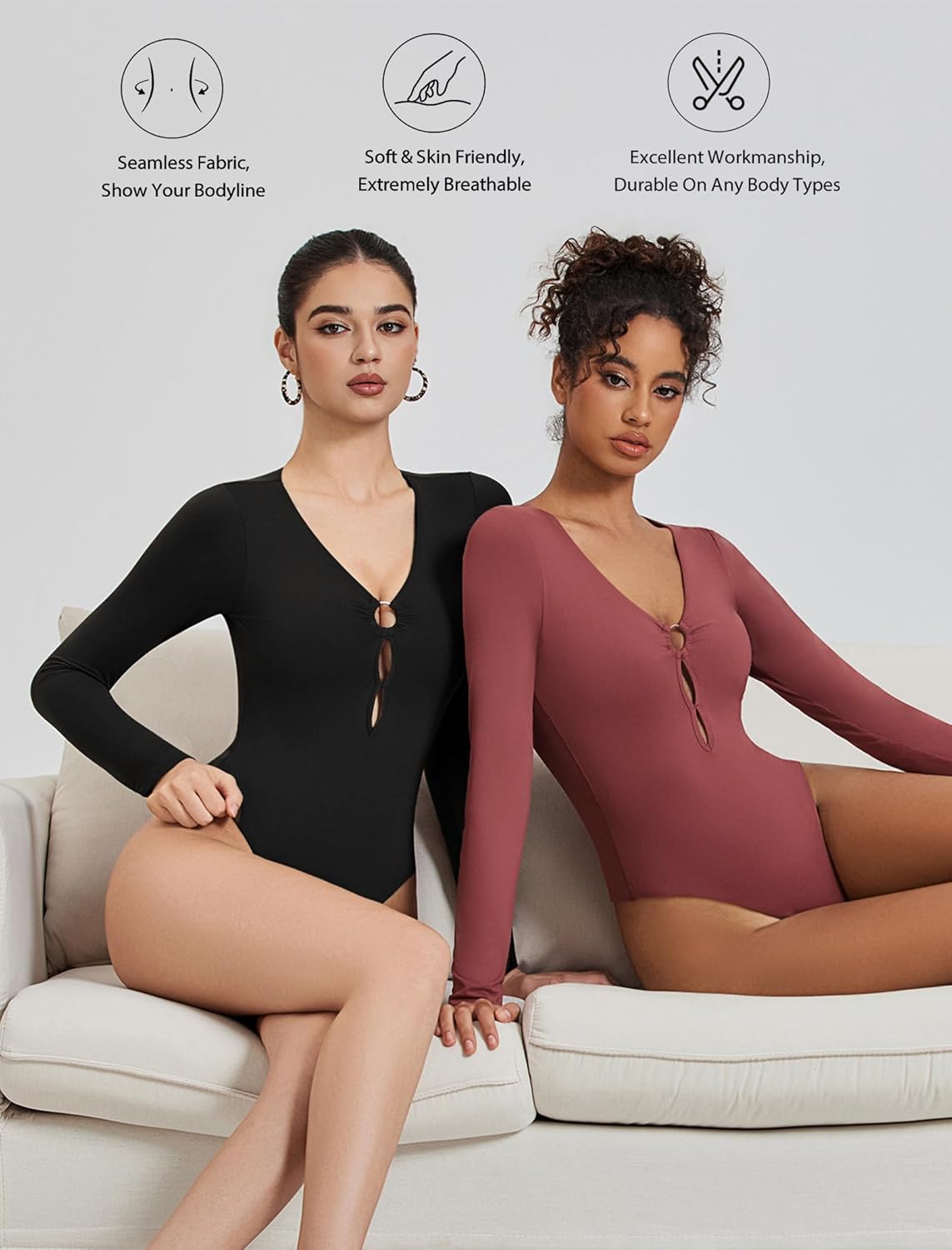 Avidlove Long Sleeve Bodysuits for Women Sexy Cutout Plunge Deep V Neck Thong Bodysuit Double Line Going Out Tops O-Ring - Image 3