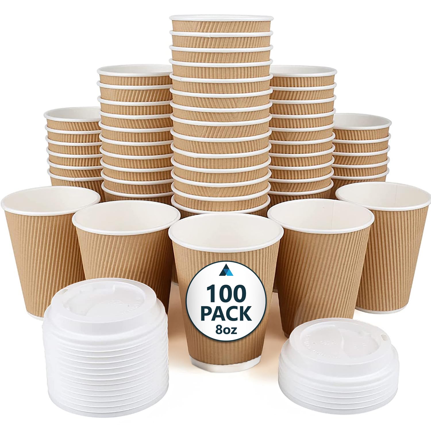 Confezione da 100 tazze da caffè usa e getta in carta kraft marrone con coperchi, a tripla parete, per espresso, tè e bevande calde, tazze da asporto, 226,8 g