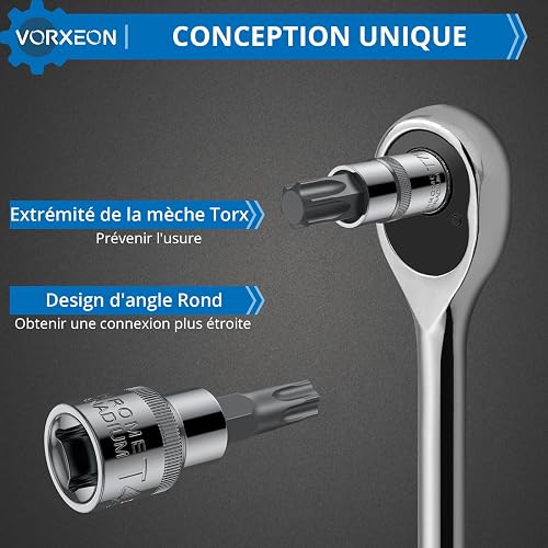 VORXEON 13Pcs Torx Bit Set Star Bit Socket Set T8-T70, 50BV30 CR-V Drive Socket and S2 Alloy Steel Bit, 3 Sizes 1/4 3/8 1/2 Inch with Storage Case - 5