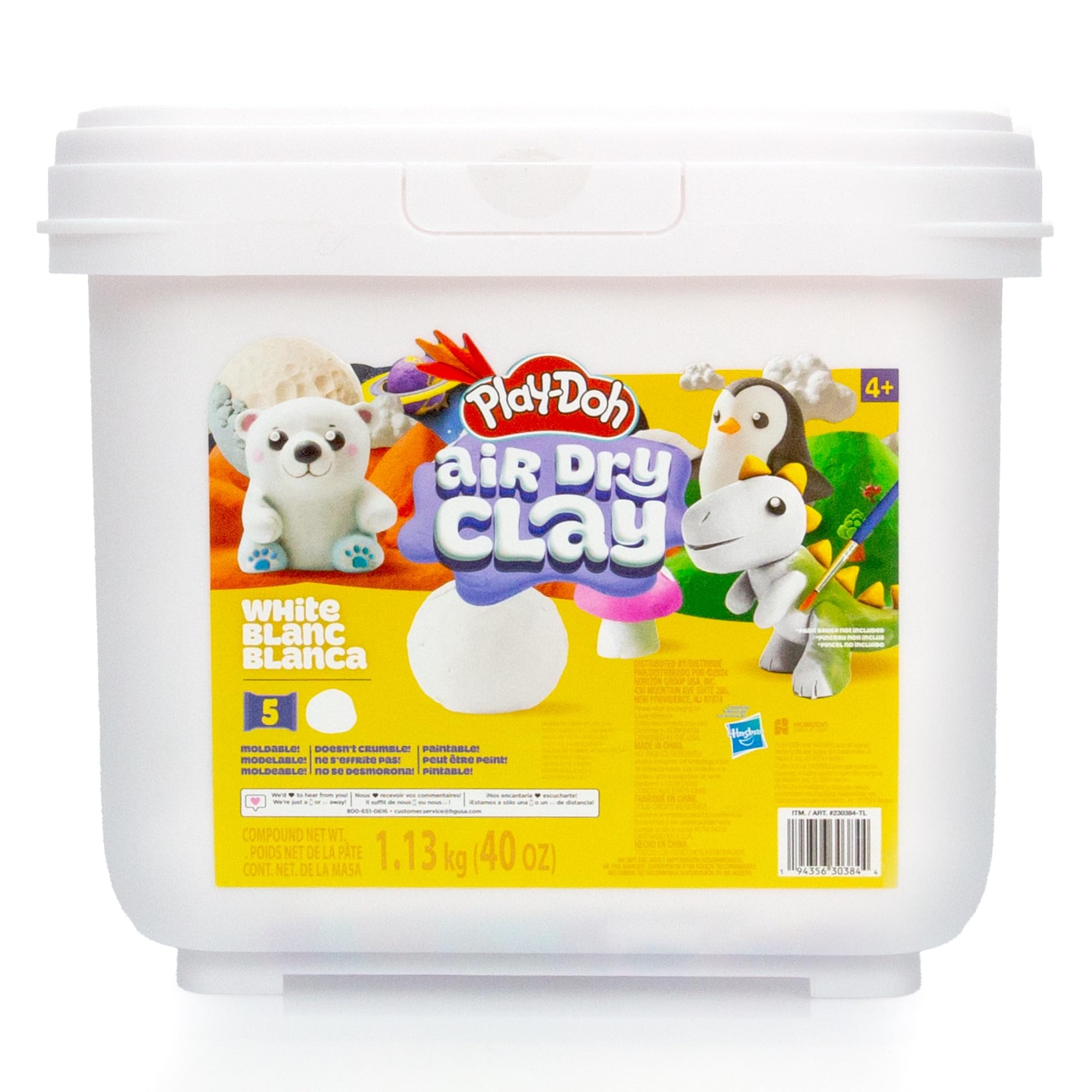 Play-Doh Secchio di argilla bianca ad aria secca, 1,134 g, 5 argille essiccanti all'aria in sacchetti richiudibili, non richiede cottura, con guida ai progetti e conservazione portatile, scolpire e