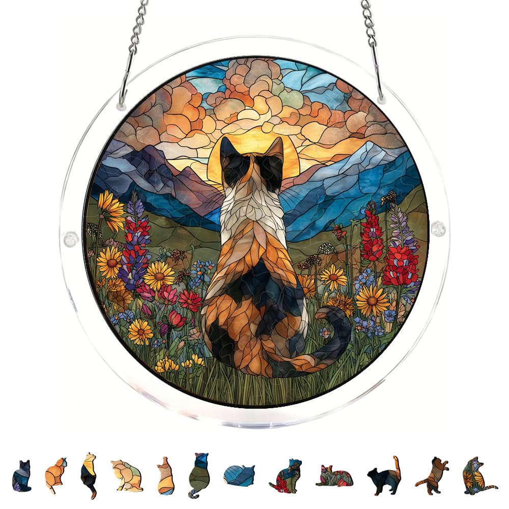 83 Pieces Hanging Acrylic Suncatcher Puzzle,DIY Acrylic Jigsaw Puzzle for Adults, 2mm Transparency Acrylic, Acrylic Suncatcher Puzzles for Doors Garden Window (Sunset Cat D, 11 Inches)