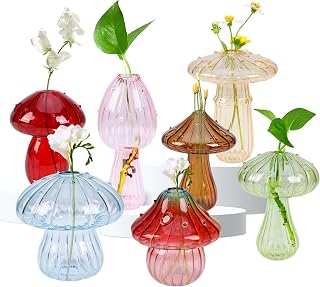 7pcs Mushroom Plant Propagation Stations, Mini Flower Bud Vase for Plants, Cute Mushroom Glass Vases for Flowers, Colored Unique Terrarium Jar Hydroponic Vases for Kitchen Home Party Decor