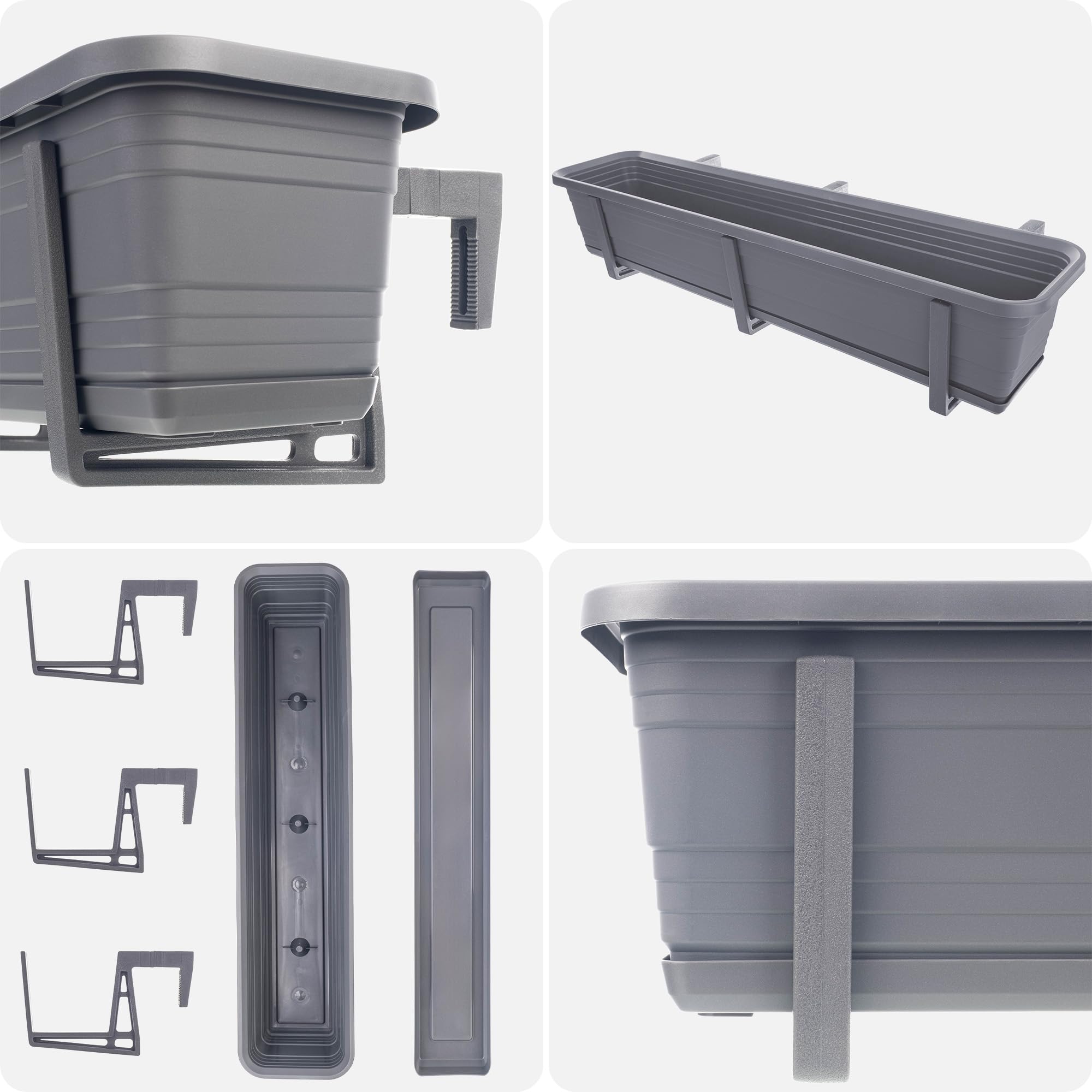 KADAX Jardinera con platillo en juego, con o sin soportes para jardineras, maceta de plástico para balcón, jardinera, barandilla, maceta (antracita, 80 cm + soportes), K10028
