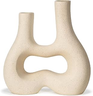 Modern Double Neck Hollow Vase, Minimalist Nordic Resin Sculpture for Home Decor, Boho Wabi-Sabi Vase for Living Room Bedroom Office Table Centerpiece (Ivory)