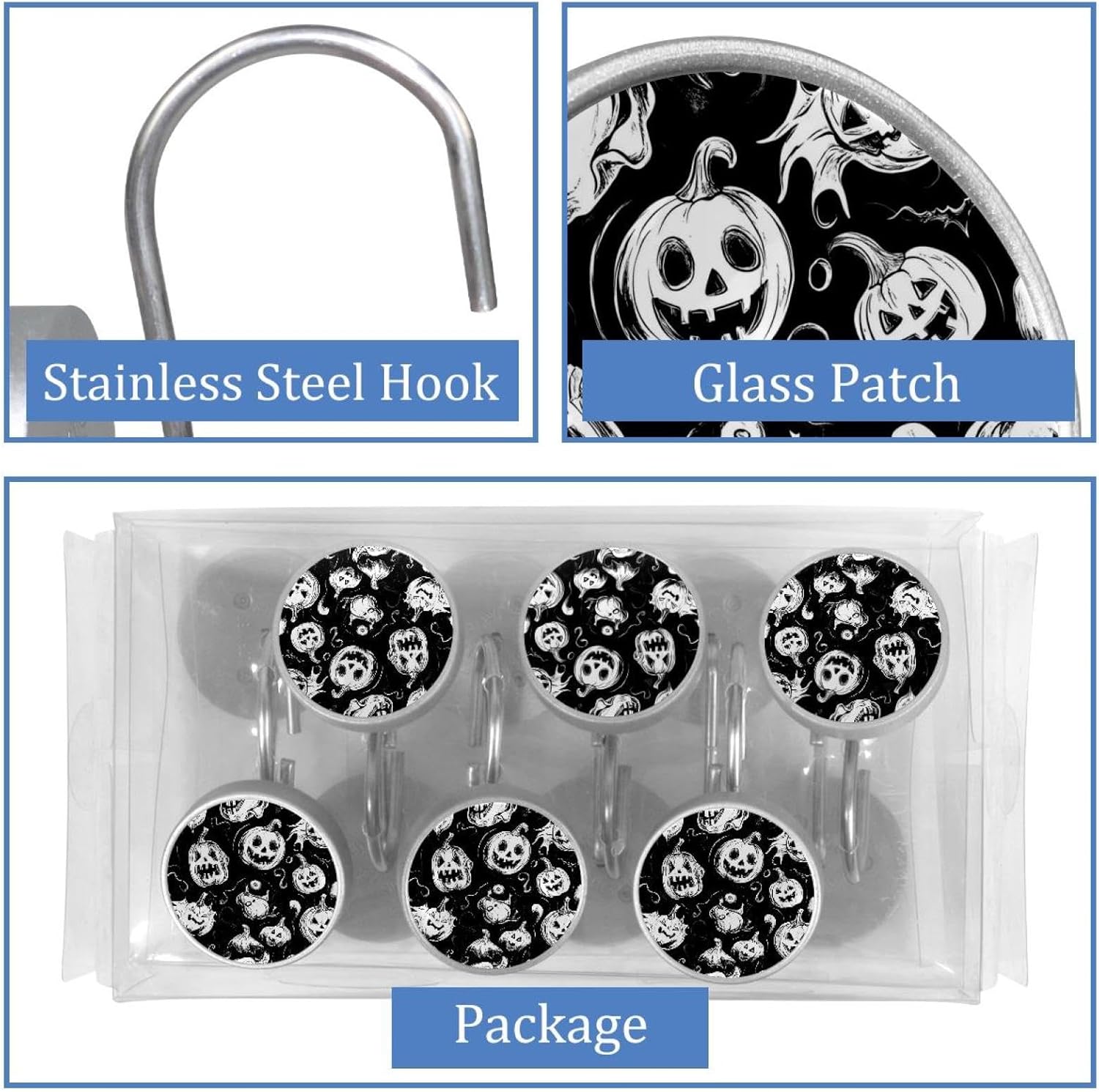 Set of 12 Shower Curtain Hooks, Shower Curtain Rings Crystal Glass Decorative Bathroom Hook, Halloween