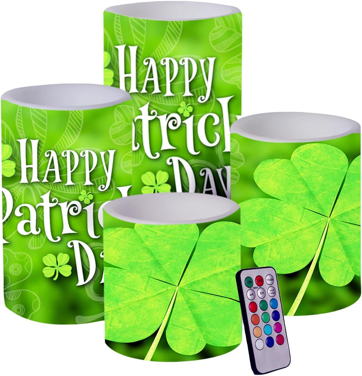St. Patrick's Day Flameless Led Candles Battery Operated with Remote Pillar Candles Green Color-Changing Flickering for Party Home Decor（6'/5'/4/3' a Set of 4 pcs）