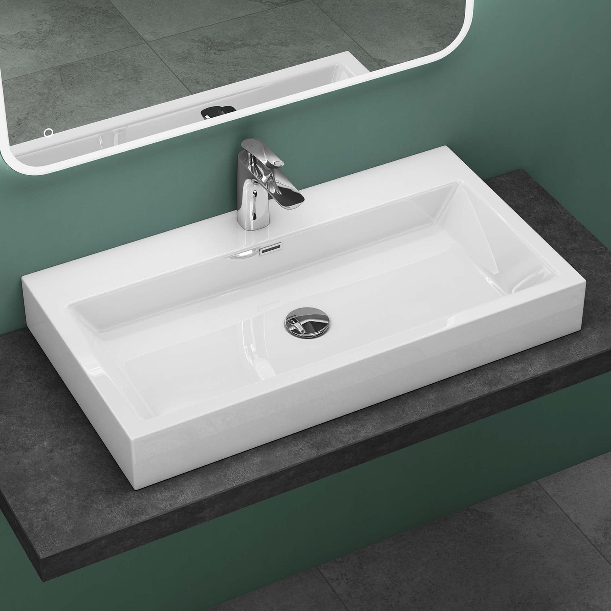Mai & Mai Lavabo Suspendu Blanc Vasque à Poser 76,5cm Lave Mains Rectangulaire avec Tropl Plein Col06 76,5x42x10cm