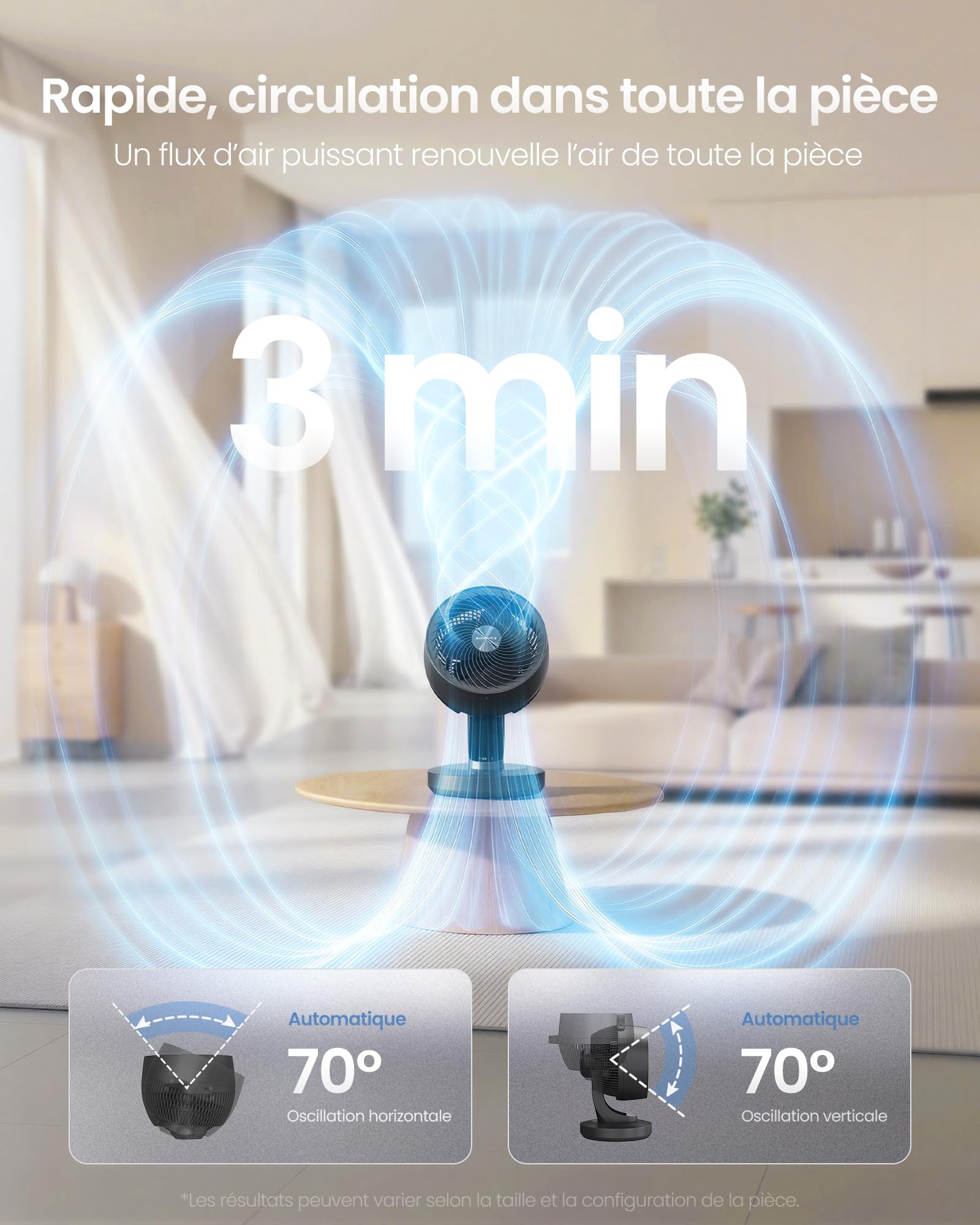 SONGMICS Ventilateur de Bureau Silencieux 20 dB, avec Télécommande, Circulateur d’Air Puissant, Oscillation 70°, 8 Vitesses, Minuterie 12 h, Noir d'Encre XFC001B1EU - 4