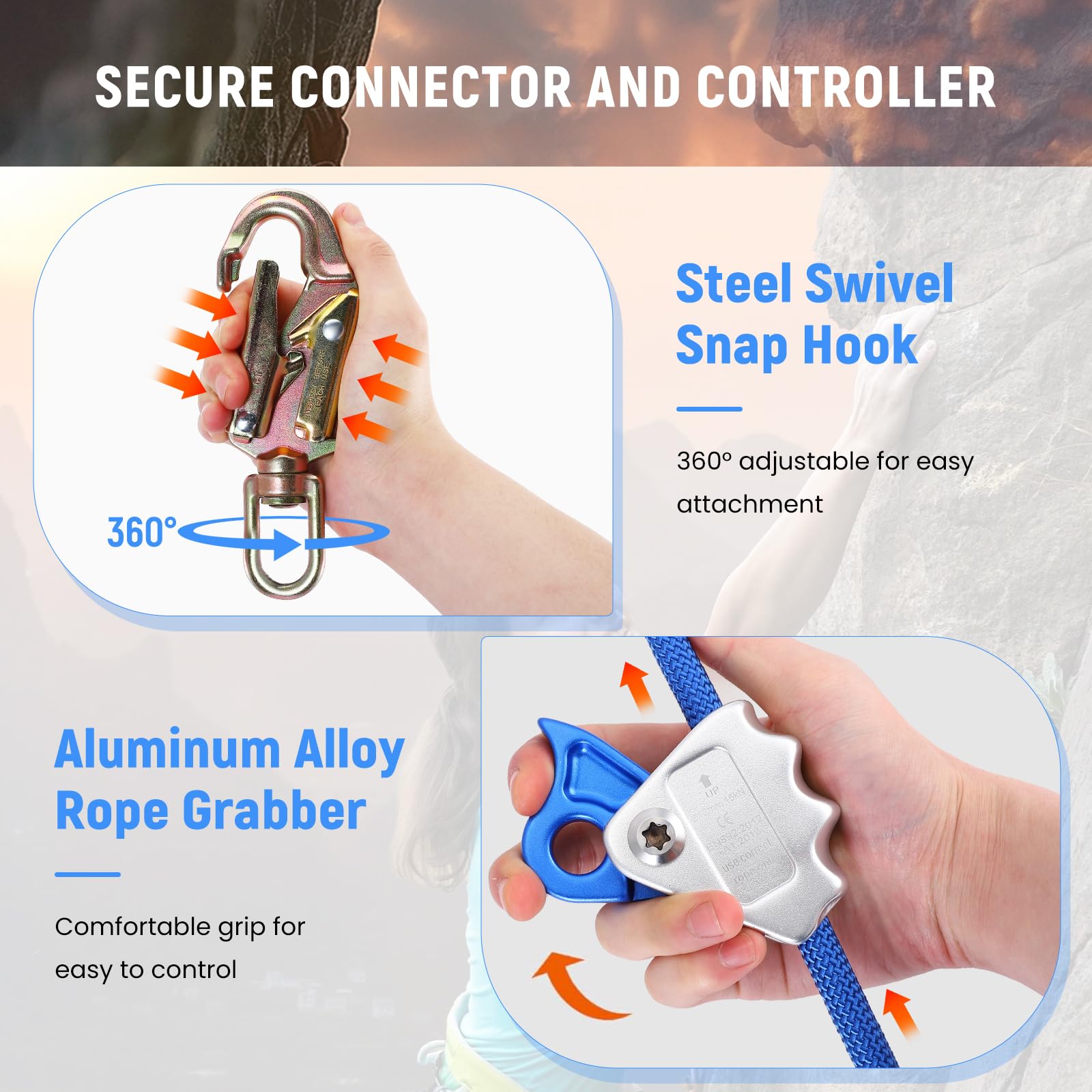 Stahlseilkern-Flip-Line-Set mit Triple-Lock-Karabiner, Einjustres Lanyard für minimale Dehnung in Absturzsicherung, Baumpflege und Klettern