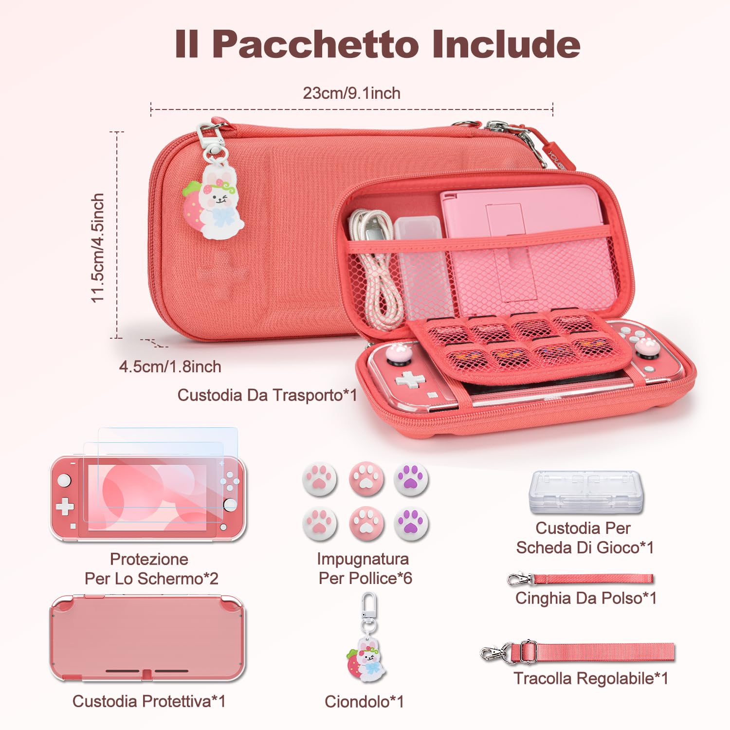 Younik Custodia Switch Lite, Bundle di Accessori Switch Lite 14 in 1, Custodia Protettiva Trasparente, Custodia per Carte di Gioco, 2 Proteggi Schermo, 6 Grip per il Pollice, Ciondolo, Corallo