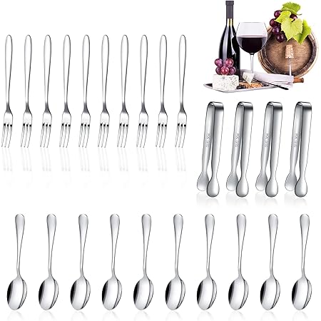 24 Pieces Charcuterie Accessories for Party, Appetizer Forks and Spoons Stainless Steel Charcuterie Utensils Mini Serving Tongs for Valentines Party Salad Dessert Cocktail (Silver, Vivid Sharp Spoon)