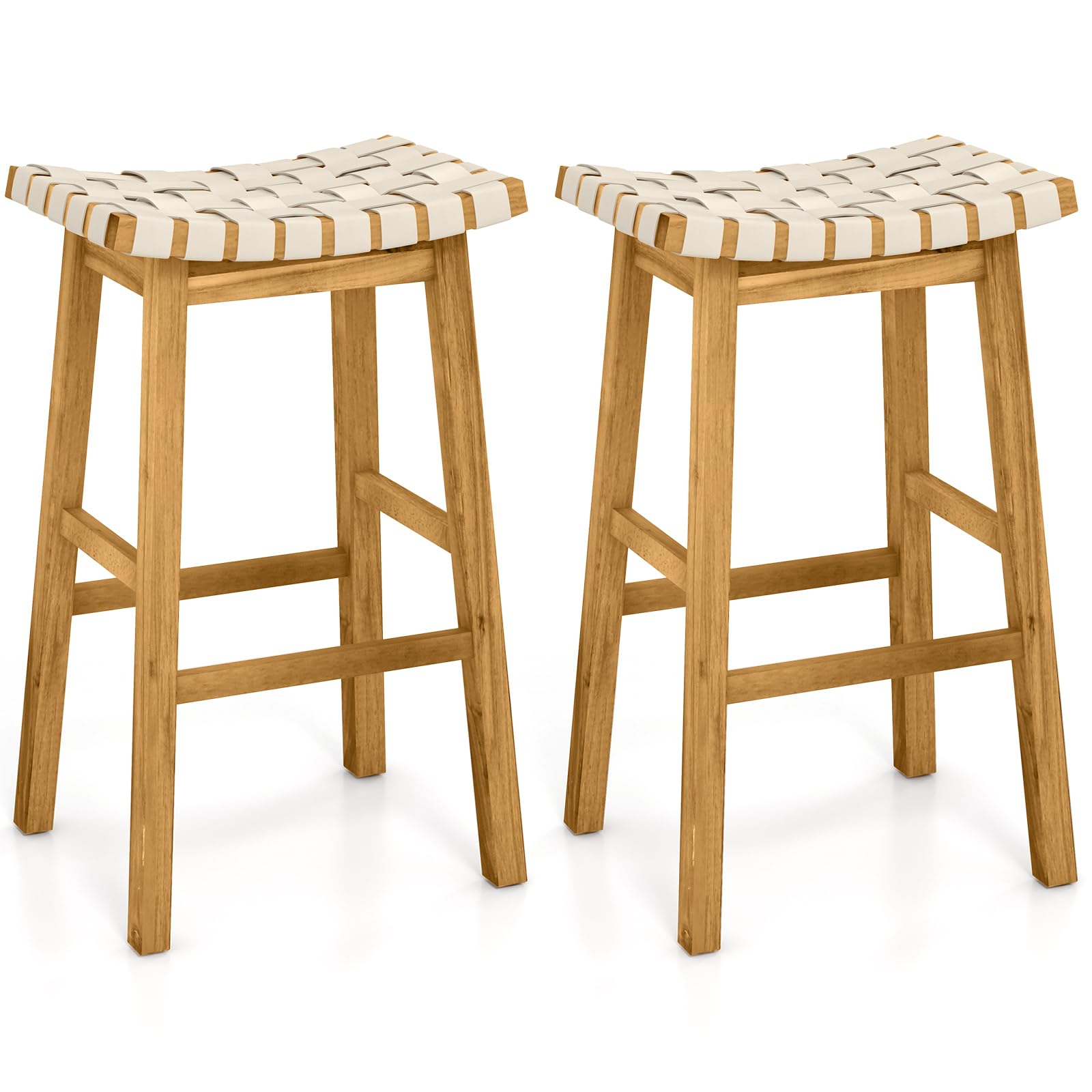 COSTWAY Woven Saddle Stools Set of 2, 31-inch Vintage Counter Height Chairs with PU Leather Woven Seat & Solid Wood Legs, Modern Backless Bar Stools