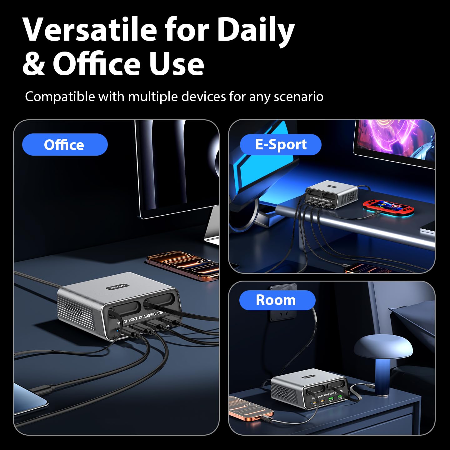 Stazione di ricarica GaN 6 in 1 per più dispositivi, caricabatterie rapido USB-C da 65 W con 2 cavi retrattili, piccola multi porta compatibile con MacBook/iPad/Phone 17/16/Samsung, design silenzioso