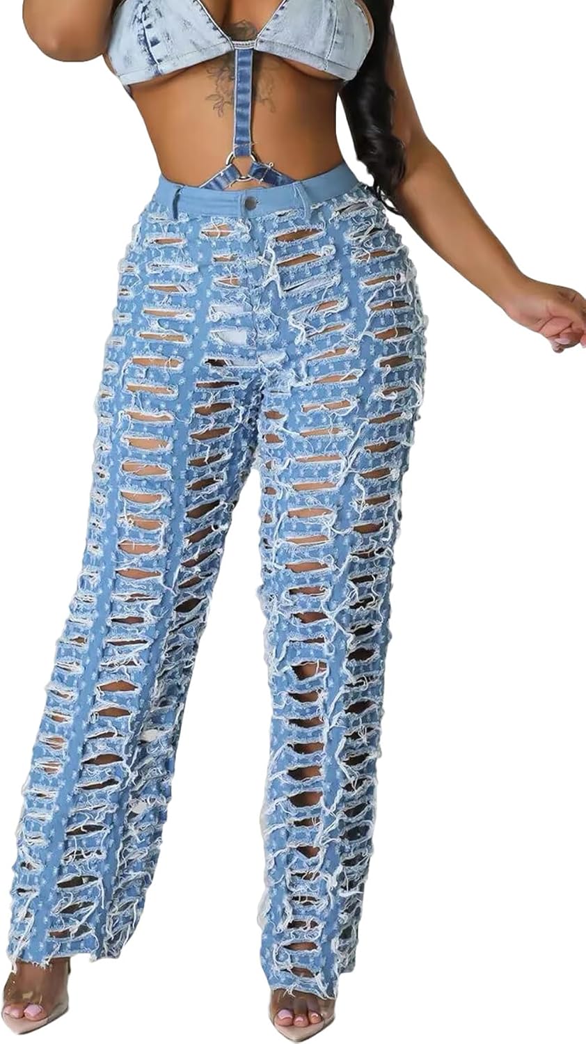Tbahhir Ripped Jeans for Women High Waisted Distressed Cut Out Baggy Wide Leg Boyfriend Streetwear Denim Pants Trendy