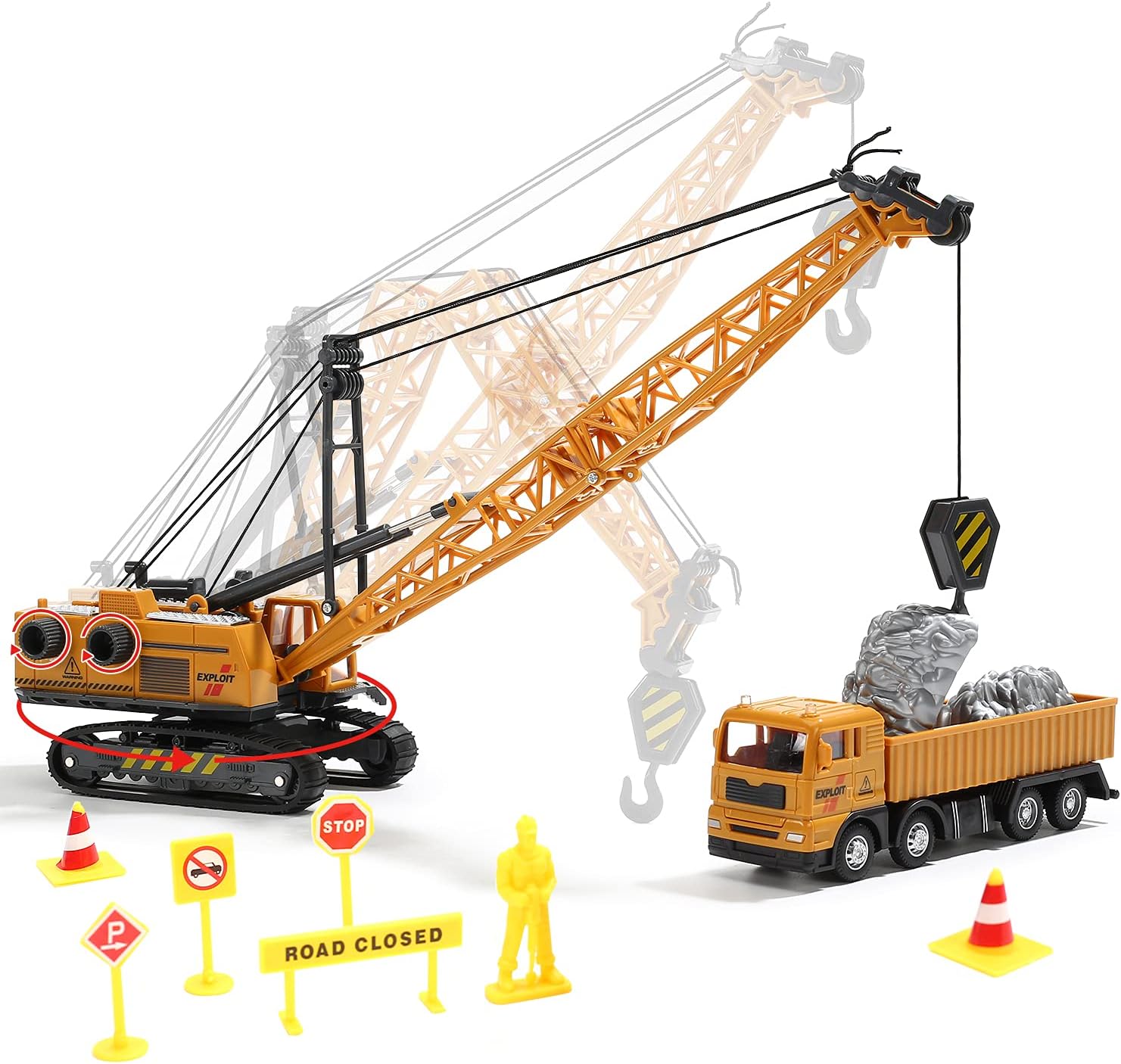 CUTE STONE Construction Vehicles Playset with Playmat, Kids Engineering Truck Set with Crane, Excavator, Tractor with 3 Interchangeable Parts, Cement, Truck, Educational Gift Toy for Toddlers Boys : Toys & Games