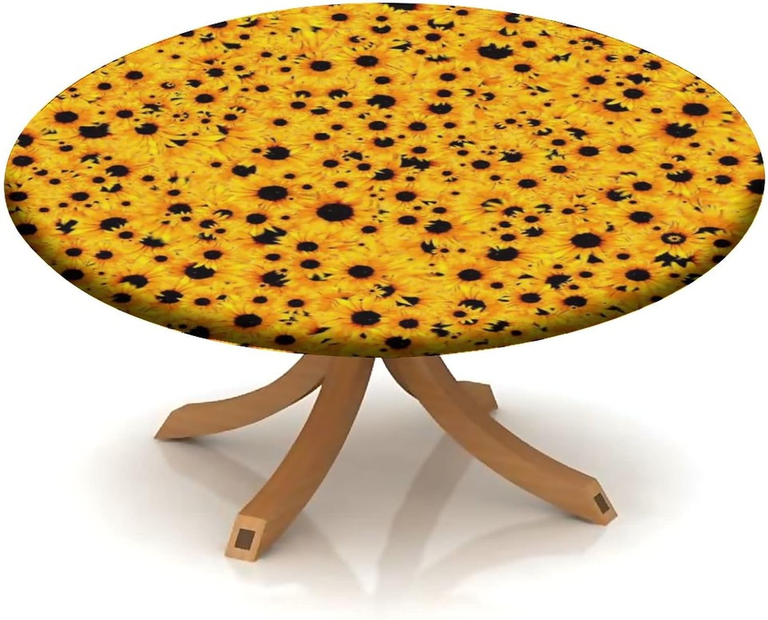 Sunflower Fitted Tablecloth Round, Washable Table Cloth for Kitchen Dining, Helianthus Garden Photo Oil Proof Polyester Tablecloths for 48"-52" Table, Brown Yellow