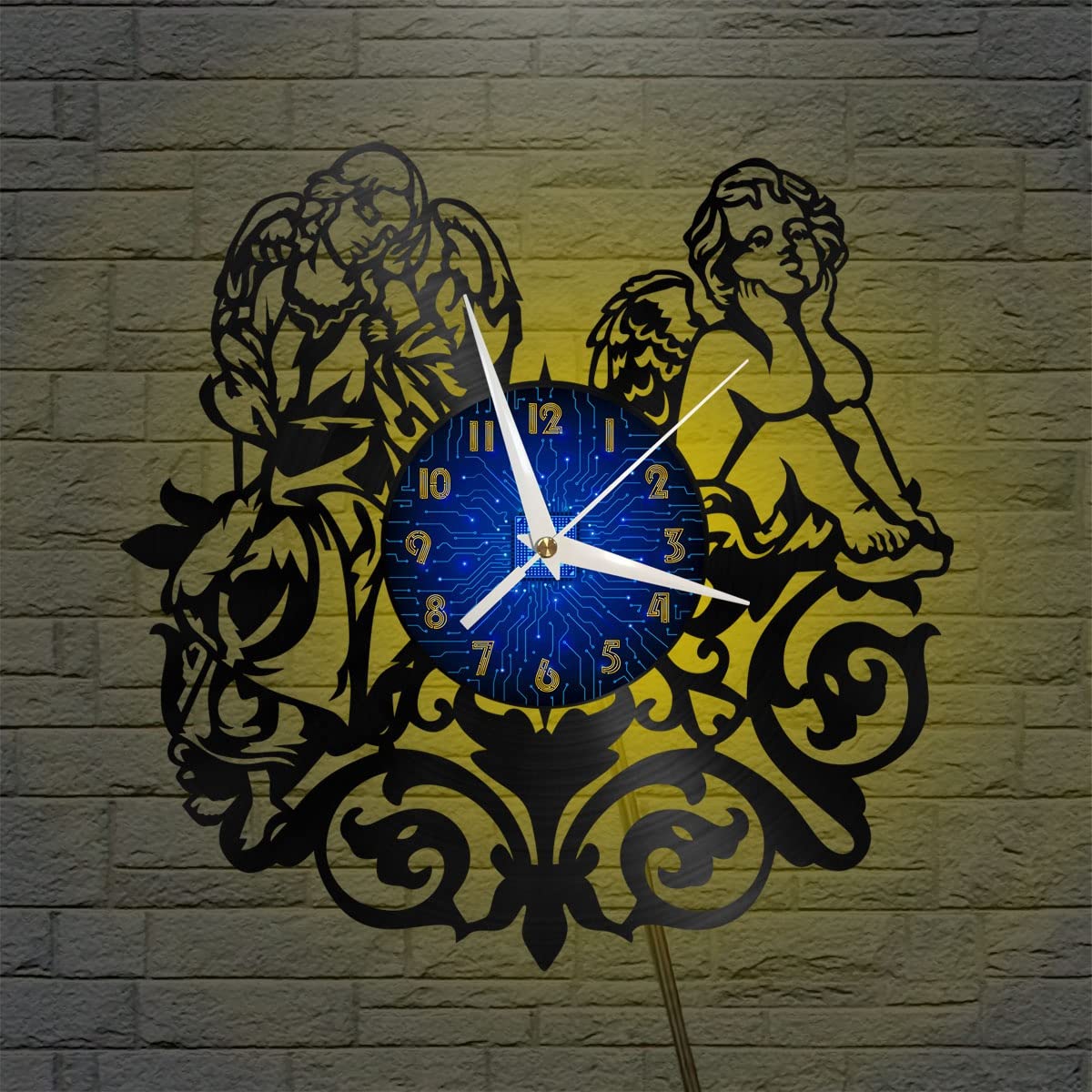 Horloge murale vinyle ange 12 pouces silencieuse LED anti mur vide