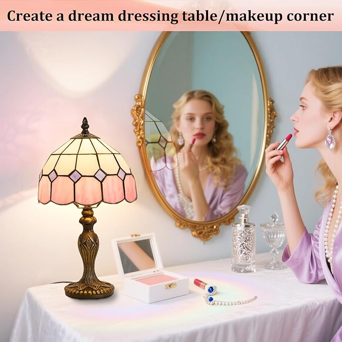 Meimond Tiffany-Style 8 Inch Table Lamp Mediterranean Series Stained Glass Lampshades Small Bedside Lamp Reading Antique Desk Light Livingroom Bedroom Office Vintage Art Deco Victorian(Color:Pink) photo 3