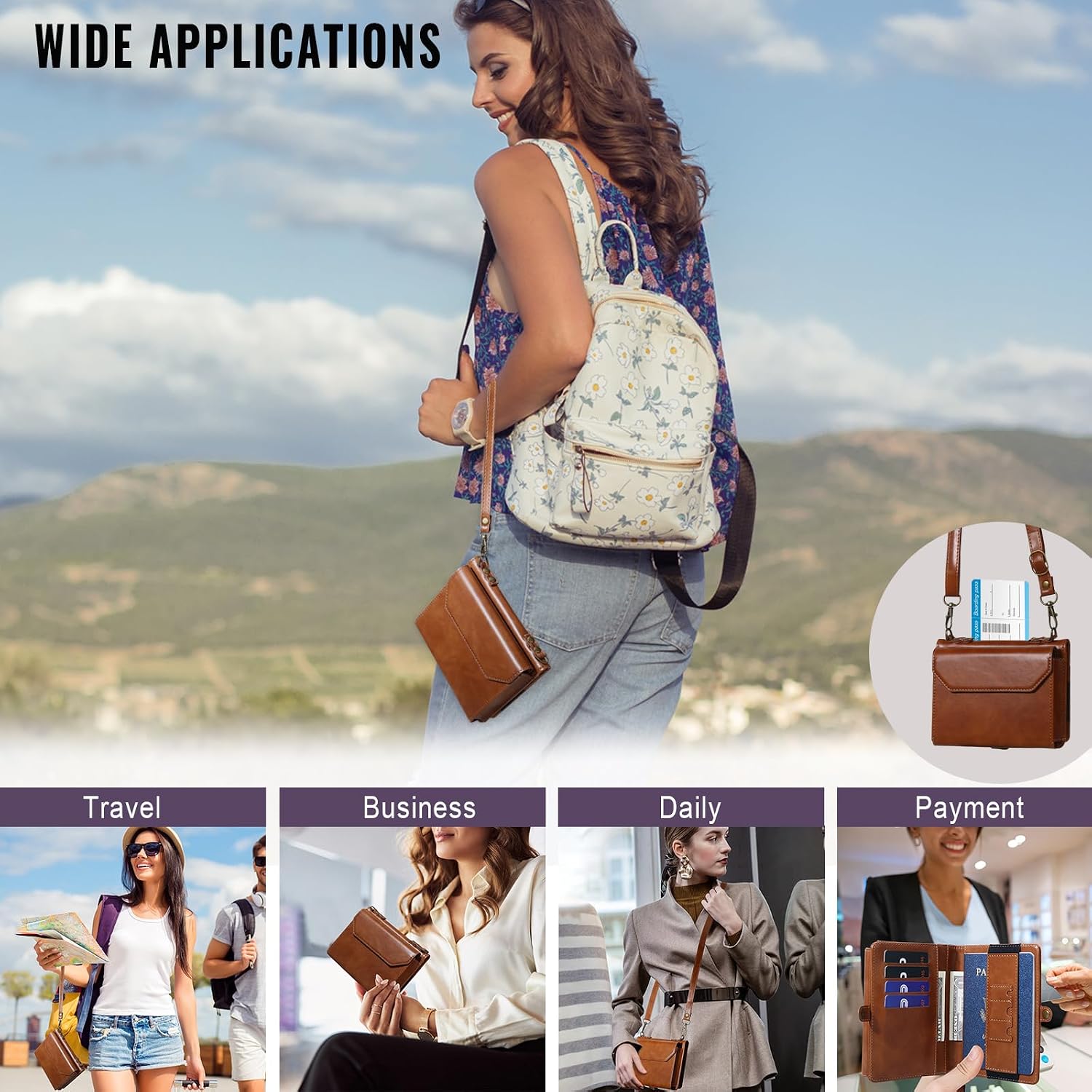 RFID Blocking Family Passport Holder Wallet,Hold 2-3 Passports for Travel with Credit Card Slots & Wrist Crossbody Strap Brown