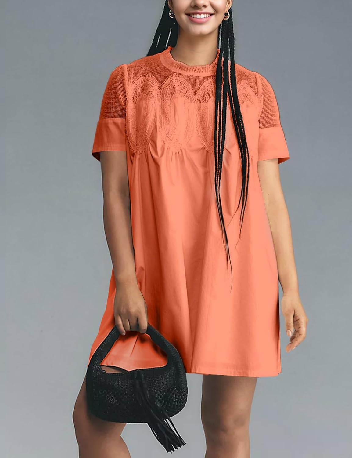 Women's Summer Lace Mini Dress Ruffled Collar Short Sleeve Flared A-Line Hem Babydoll Sundress(102-002) - Image 4