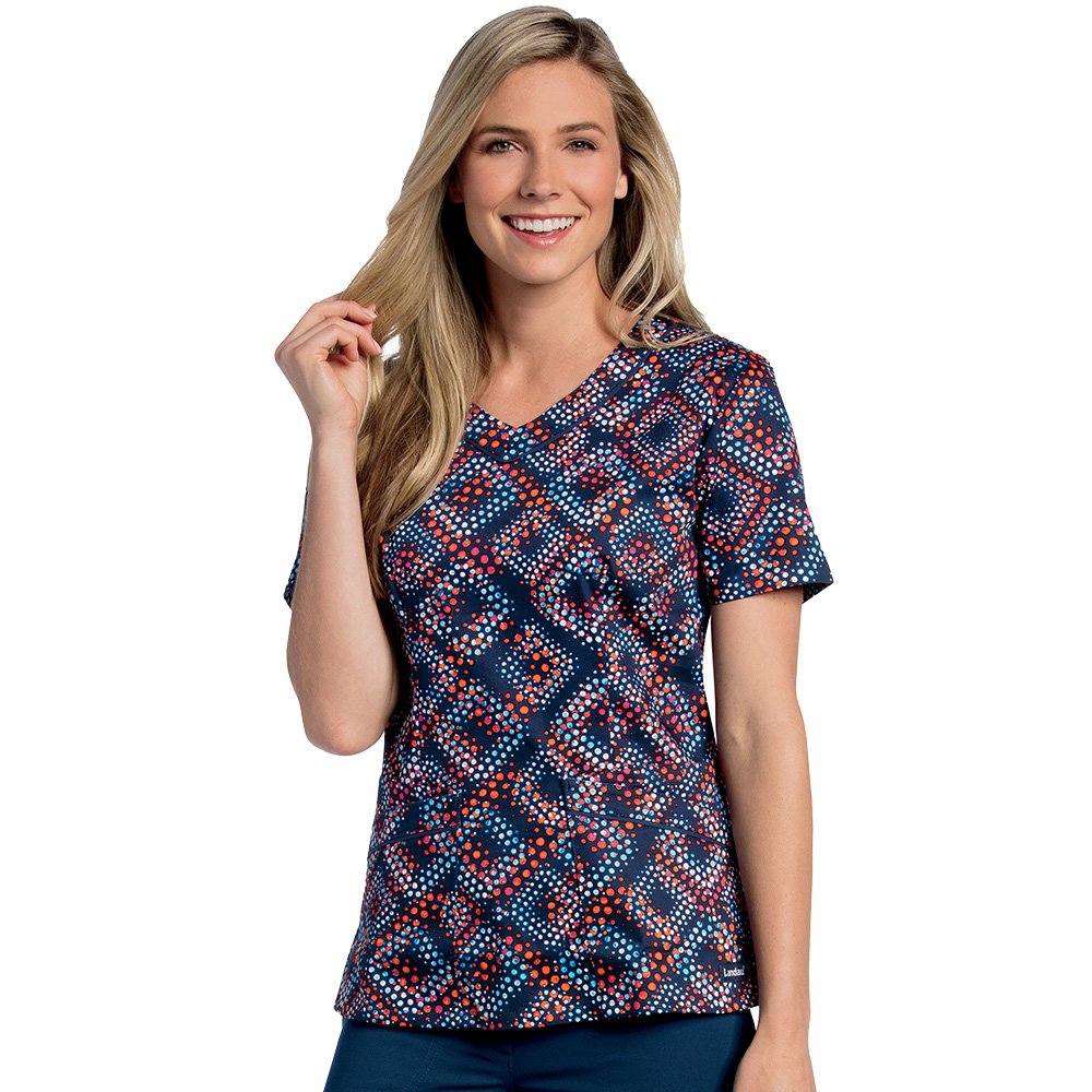 LandauWomen's Rounded V-Neck Geometric Print Tunic Scrub Top Medium Print