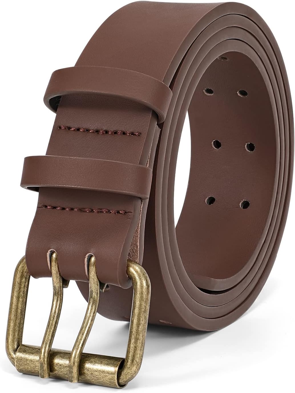 JASGOOD Men Double Prong PU Leather Belt Casual Work Heavy Duty Belt Double Grommet Holes Belt for Jeans