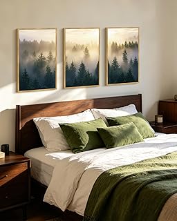 PHOPAGO Green Fog Pine Tree Framed Wall Art 16x24in Nature Misty Nordic Forests Artwork Morden Paints Bedroom Laundry Living Room Wall Decor - Natural Framed