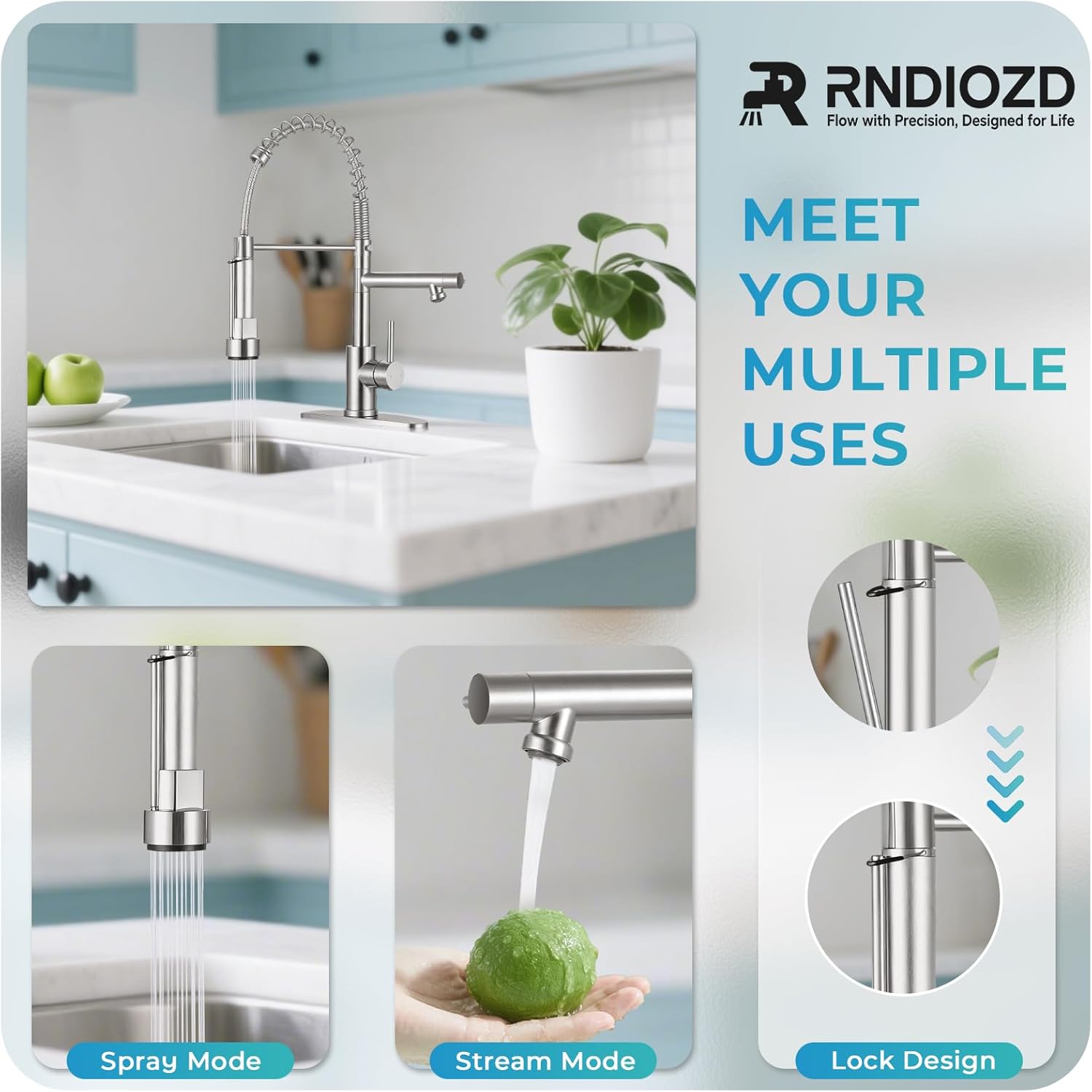 Kitchen Faucet with Pull Down Sprayer - Brushed Nickel Single Handle Commercial Kitchen Faucets, 2-Spout Kitchen Sink Faucet, Stainless Steel Spring Pull Out Sink Faucet 1/3 Hole