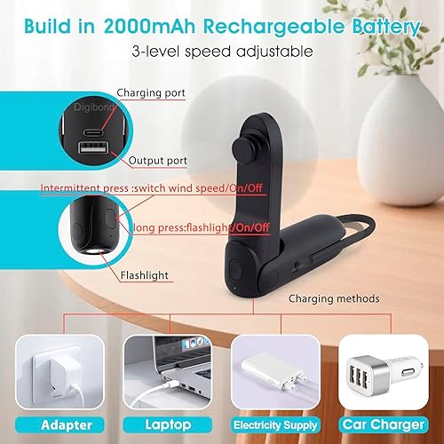 Miniatura 3 de Handheld Mini Fan Rechargeable Battery Powered 2000mAh 6in1 Bullet Shape Portable Personal Fan 3 Speed with Flashlight (Black)