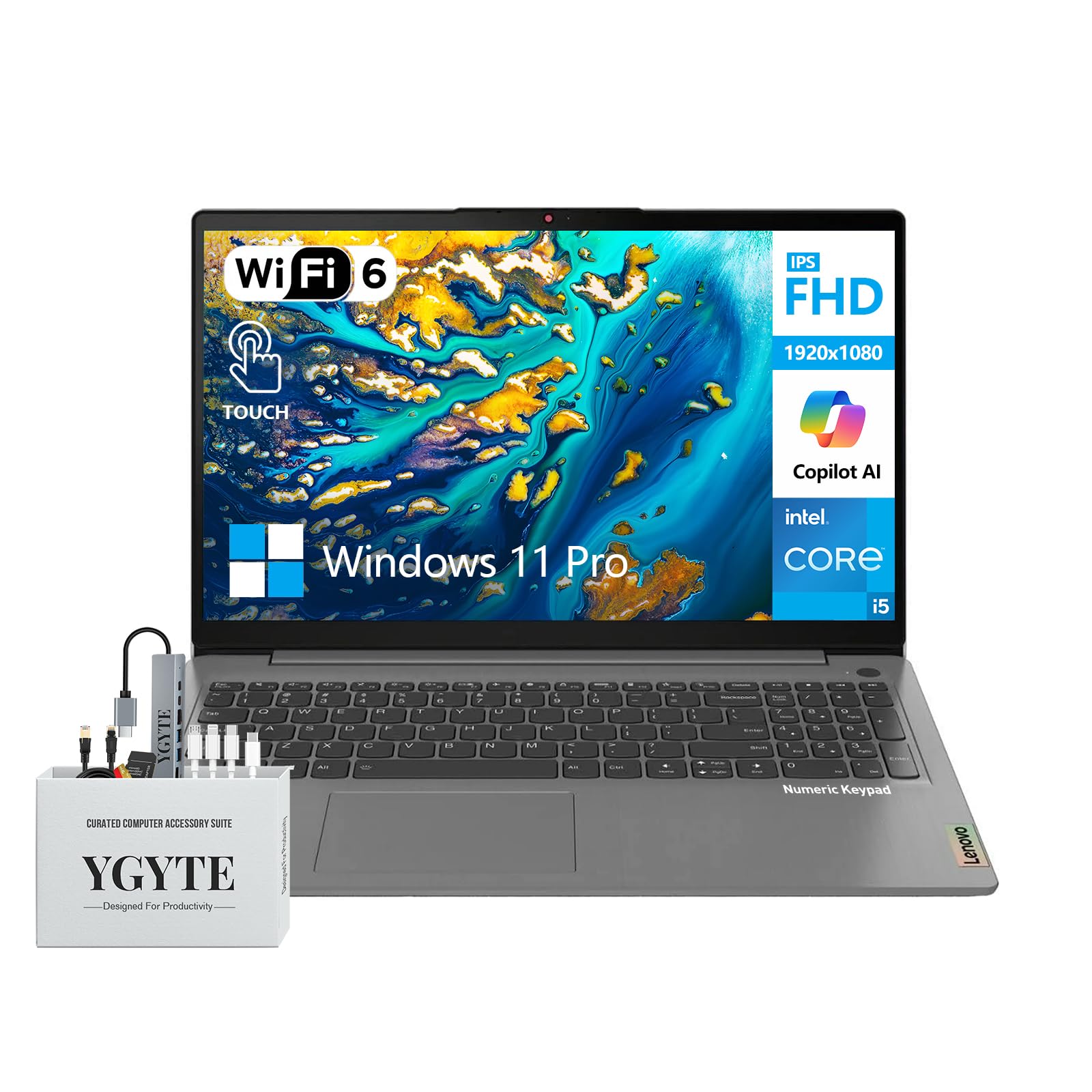 Ideapad 3i 15 Inch Touchscreen Laptop Computer, 15.6 FHD Touch Screen Laptop, Intel Core i5, 20GB RAM 1TB SSD+512GB Docking Set, Windows 11 Pro Lifetime Office, USB-C