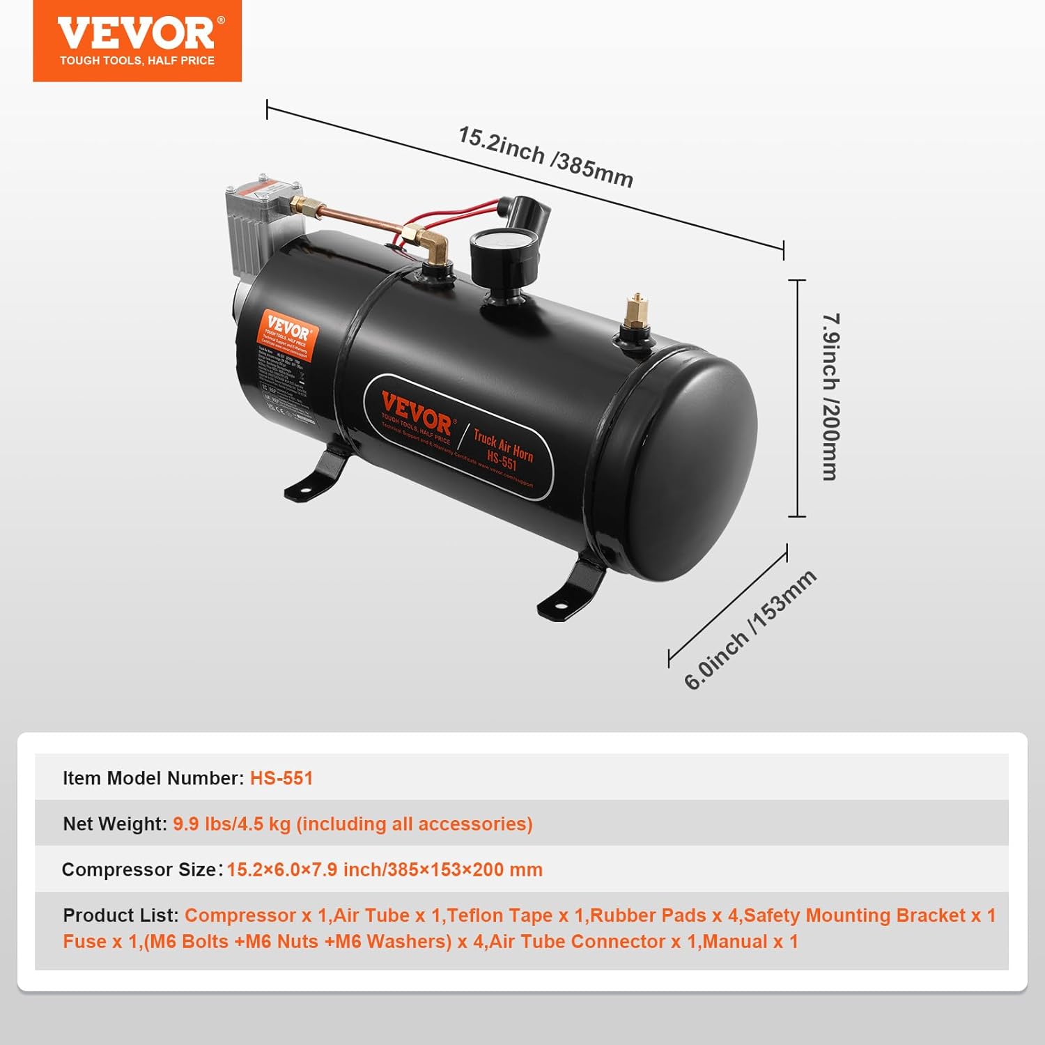 VEVOR 12V Air Compressor with Tank 0.8 Gallon/3 L, Train Horn Air Compressor, 120 psi Working Pressure Onboard Air Compressor System for Train Air Horns, Inflating Tires, Air Mattresses - Image 7