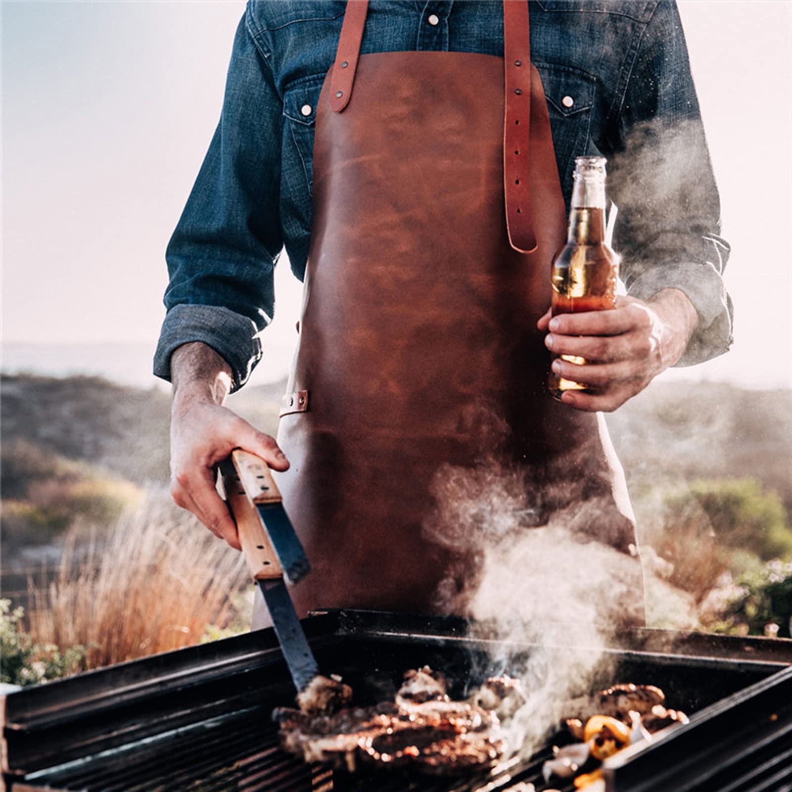 YOUNGC Delantal de Cuero, Delantal de carpintería para Hombres y Mujeres, Delantal de Peluquero de Chef multifunción para Cocina, Barbacoa, lavavajillas, café, 24"X34