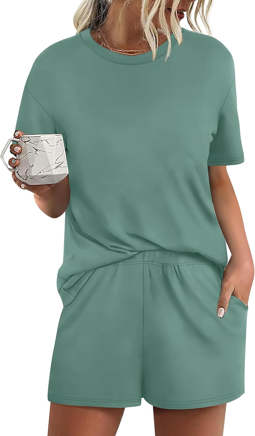 WIHOLL 2 Piece Lounge Sets for Women 2 Piece Lounge Matching Short Sleeve Tops Shorts Pants with Pocket Clothing - Image 4