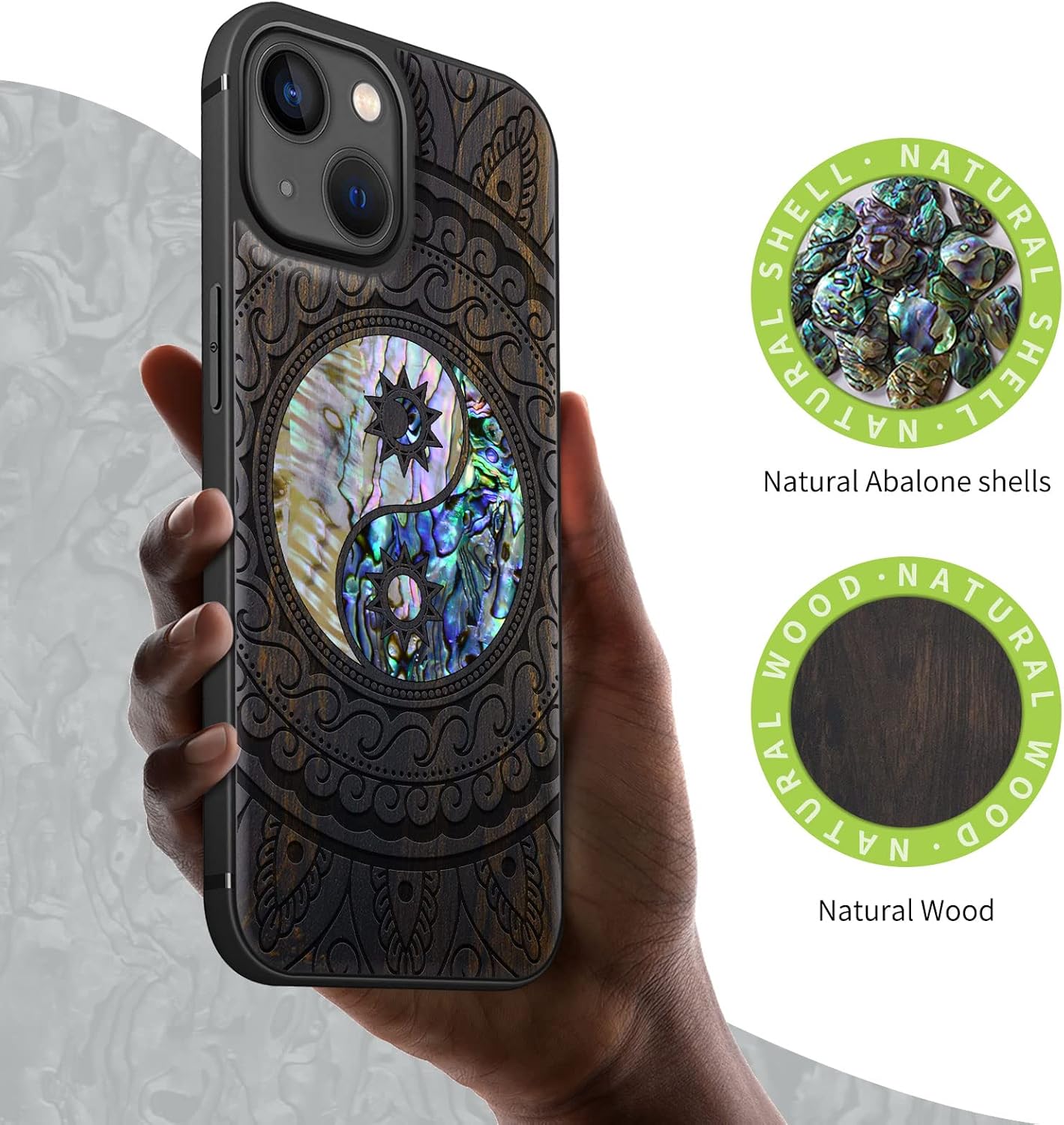 Carveit Designer Wooden Protective Case for iPhone 13 Magnetic Cover [Wood Engraving & Shell Inlay] Compatible with iPhone 13 MagSafe (Yin Yang Paisley-Blackwood)