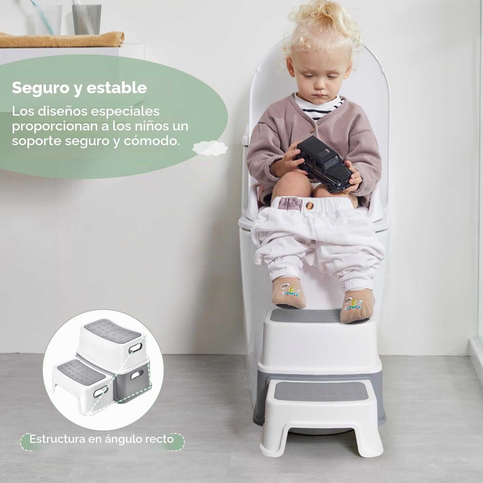 DEANIC Taburete Baño Niños Escalon Infantil 2 Peldaños 30x37.5x25cm Antideslizante Gris