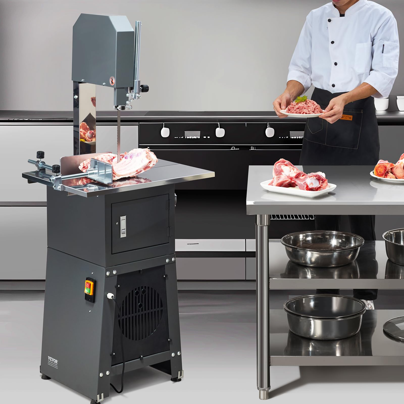 VEVOR Kommerzielle elektrische Fleischbandsäge, 850 W vertikale Knochensäge, 380 x 485 mm Werkbank, Knochenschneidemaschine, Gefrierfleischschneider mit Klinge für Rippchen, Schweinefleisch