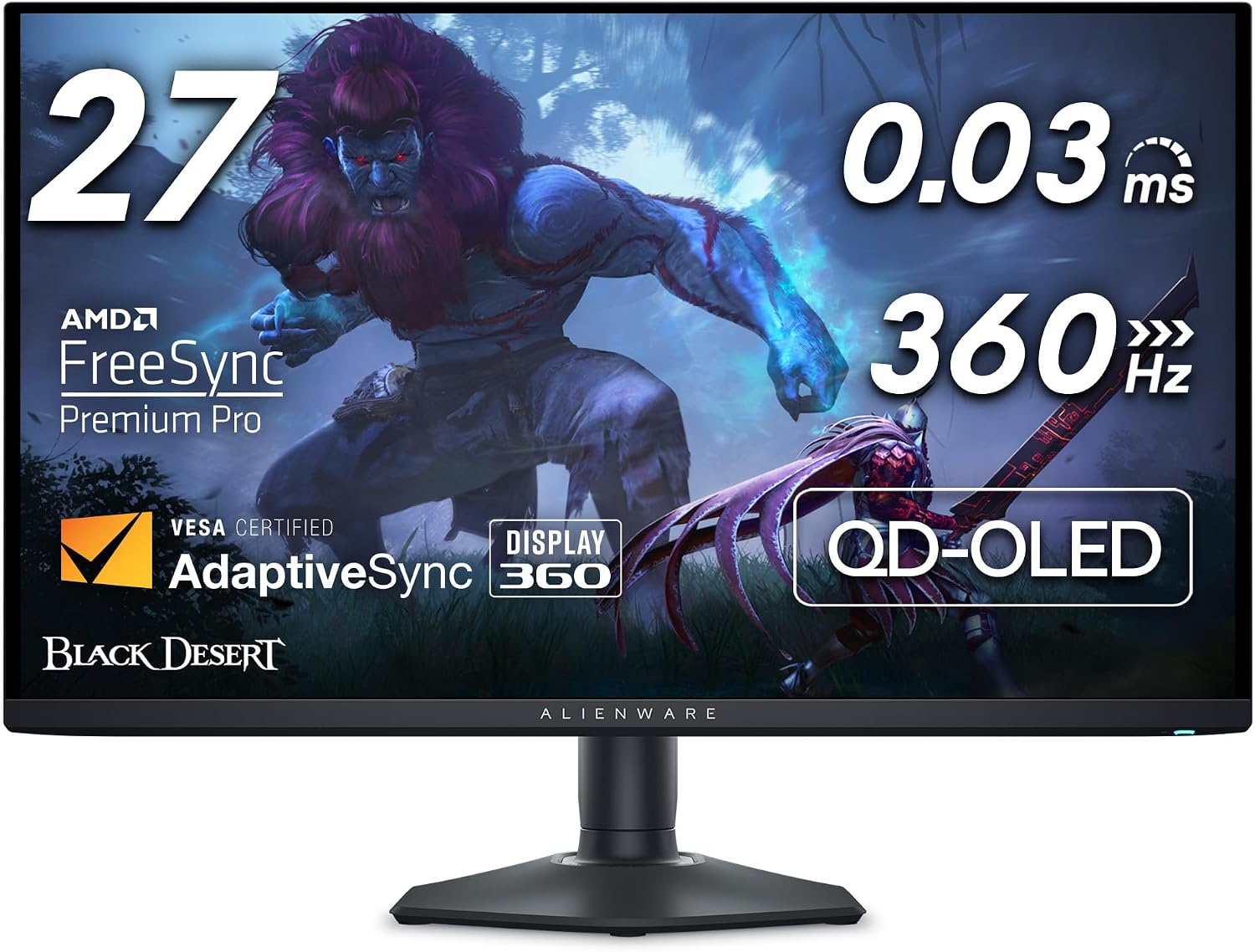 AW2725DF OLED Gaming Monitor - 26.7-inch Quantom-Dot WQHD (2560x1440) 360Hz 0.03Ms Display, AMD FreeSync Premium Pro, HDMI/DP/USB 3.2 Gen1, Height/Tilt/Swivel/Pivot Adjustability - Black