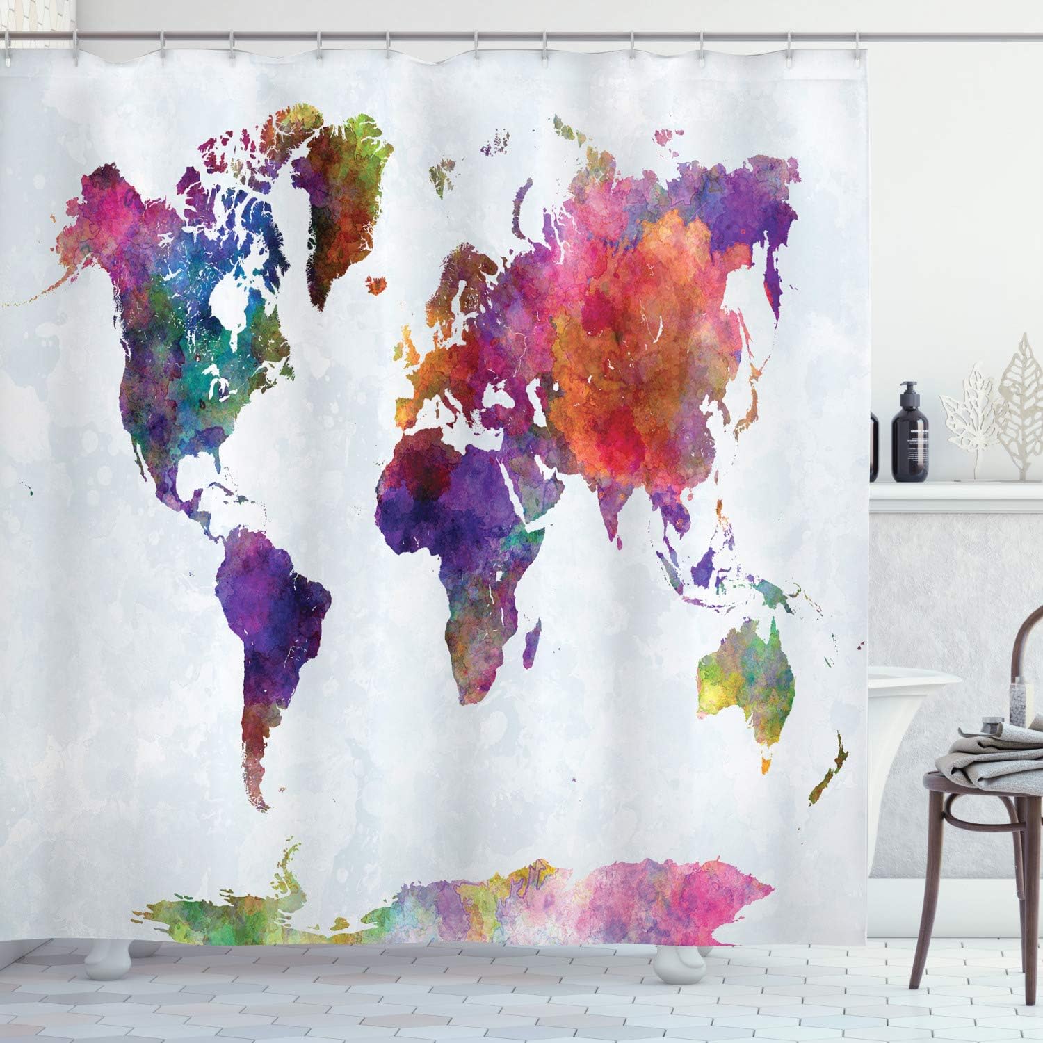 Ambesonne Watercolor Shower Curtain, Multicolored Hand Drawn World Map Asia Europe Africa America Geography Print, Cloth Fabric Bathroom Decor Set with Hooks, 69" W x 70" L, Purple Multicolor
