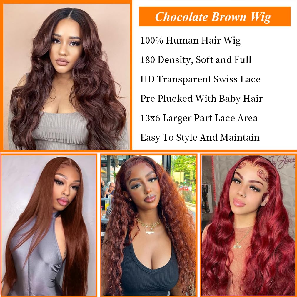 26 Inch Chocolate Brown Lace Front Wig Pre Plucked 13x6 Body Wave Frontal Wigs Human Hair for Woman 200% Density Brown Body Wave Lace Front Wigs Glueless Human Hair