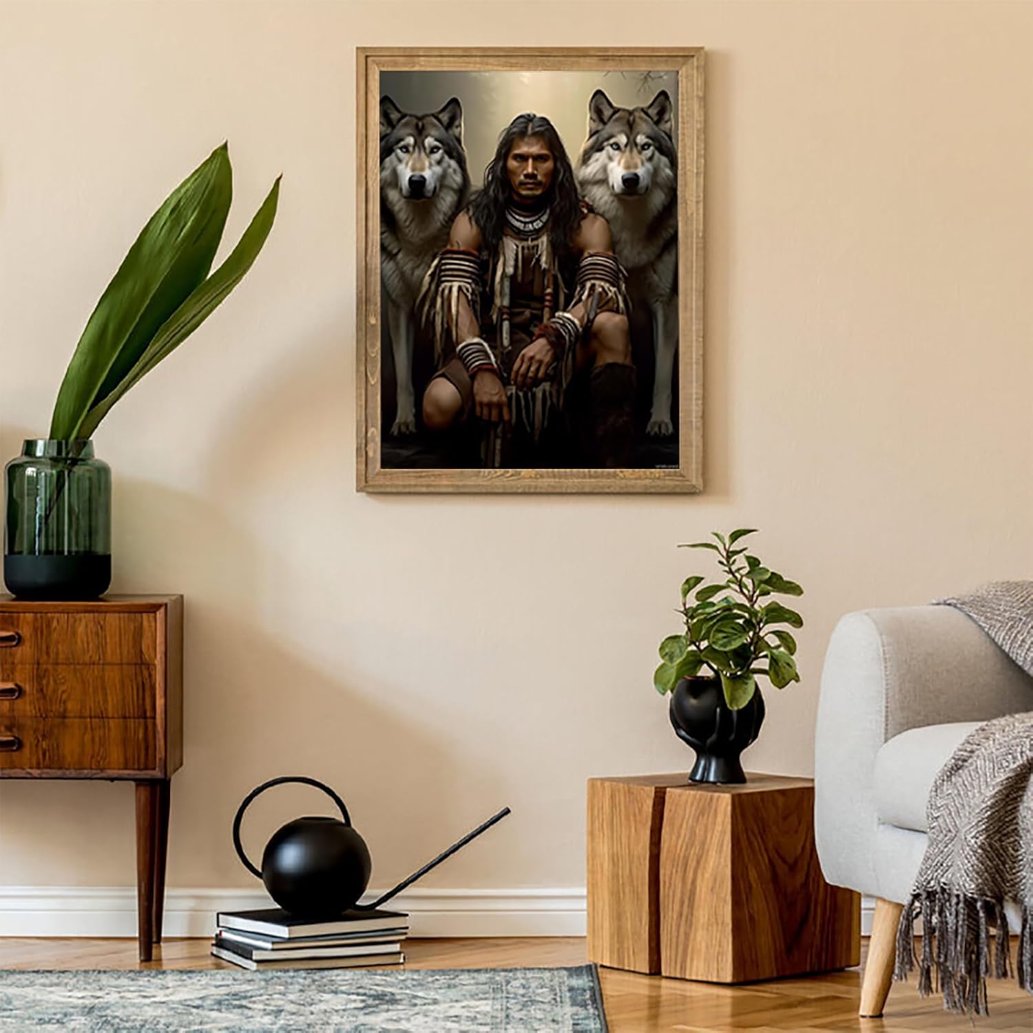 UPABLUNSO Native Americans Man with Two Wolves Diamond Painting Kits for Adults Native American Indian Diamond Art Painting, Full Round Diamond Art Kits, Home Wall Decor 12x16 inch